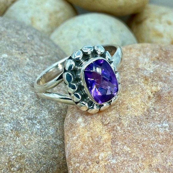 NWT 925 Sterling Silver Faceted Amethyst Ring Size 6 – Artisan Bezel Design 2.7g - Picture 3 of 17